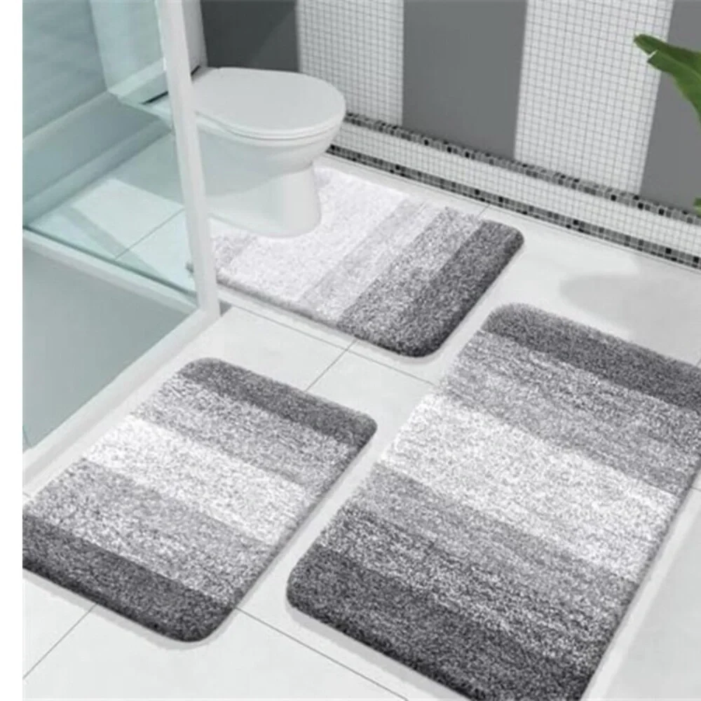 3 Piece Bathroom Rug Set Plush Microfiber Bath Mats Contour Toilet Grey